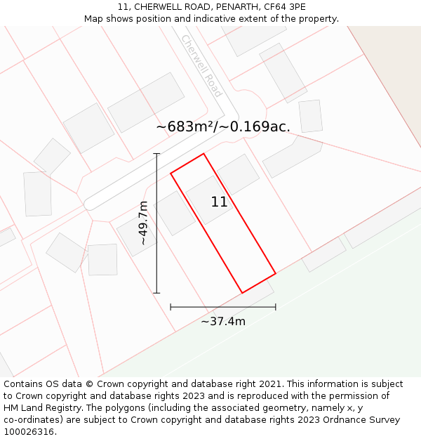 11, CHERWELL ROAD, PENARTH, CF64 3PE: Plot and title map