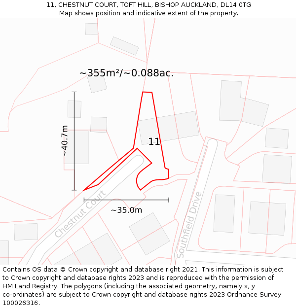 11, CHESTNUT COURT, TOFT HILL, BISHOP AUCKLAND, DL14 0TG: Plot and title map