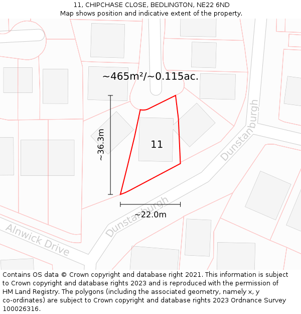 11, CHIPCHASE CLOSE, BEDLINGTON, NE22 6ND: Plot and title map