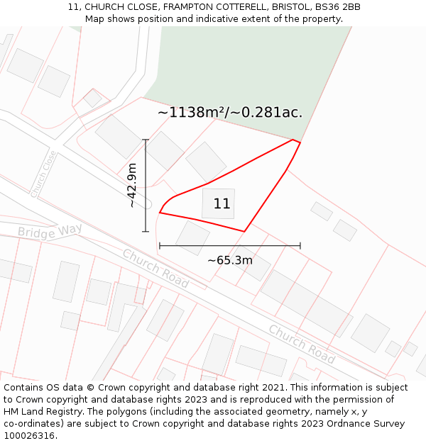 11, CHURCH CLOSE, FRAMPTON COTTERELL, BRISTOL, BS36 2BB: Plot and title map