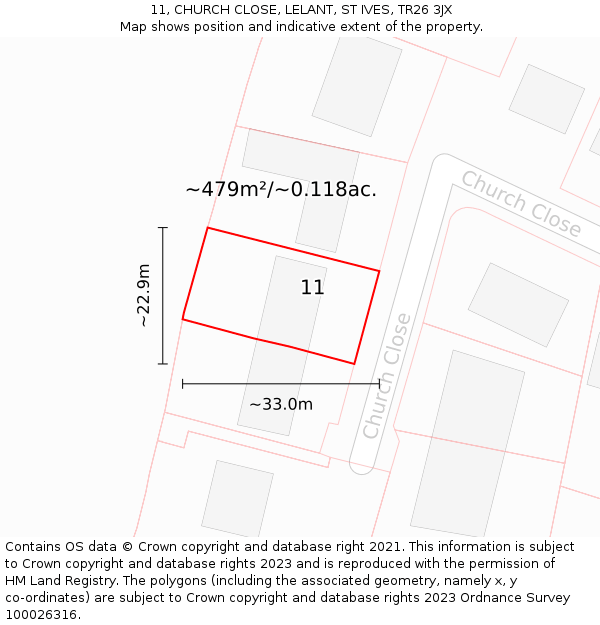 11, CHURCH CLOSE, LELANT, ST IVES, TR26 3JX: Plot and title map