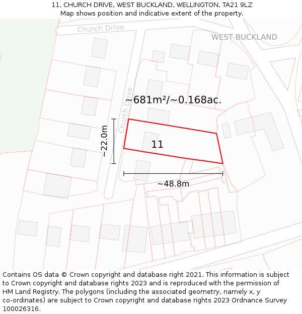 11, CHURCH DRIVE, WEST BUCKLAND, WELLINGTON, TA21 9LZ: Plot and title map