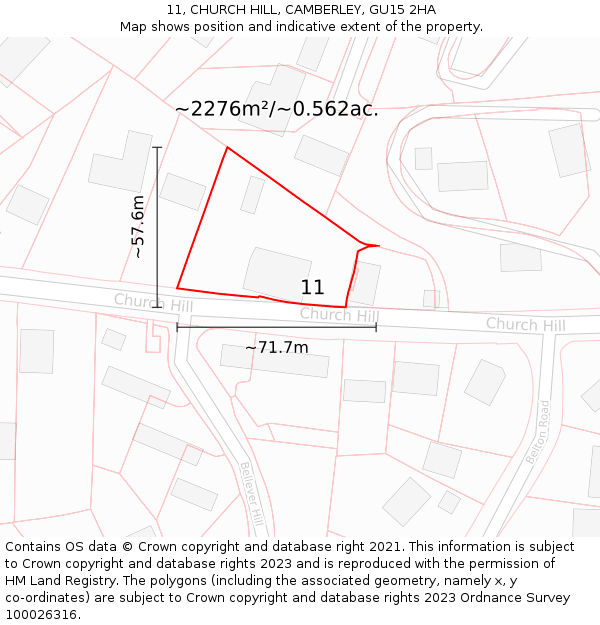 11, CHURCH HILL, CAMBERLEY, GU15 2HA: Plot and title map