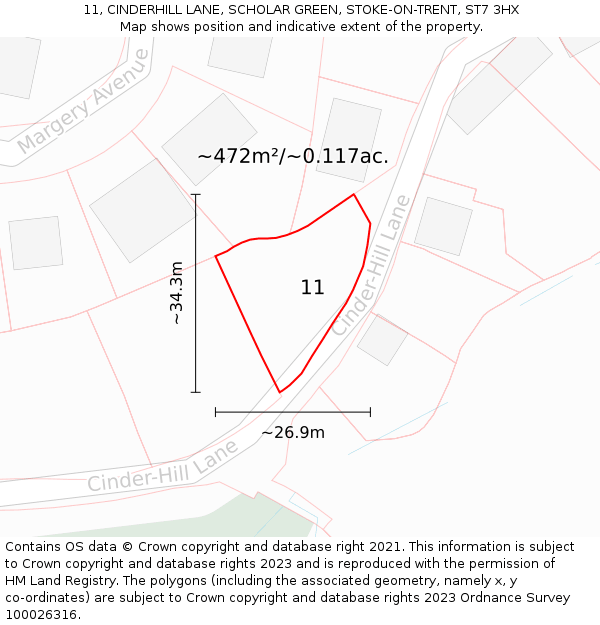 11, CINDERHILL LANE, SCHOLAR GREEN, STOKE-ON-TRENT, ST7 3HX: Plot and title map