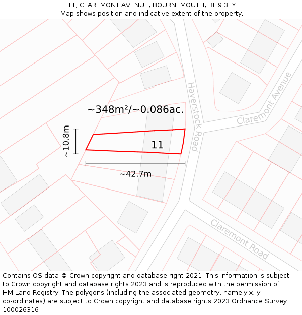 11, CLAREMONT AVENUE, BOURNEMOUTH, BH9 3EY: Plot and title map