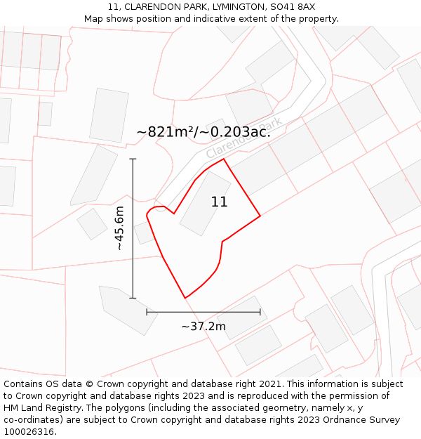 11, CLARENDON PARK, LYMINGTON, SO41 8AX: Plot and title map