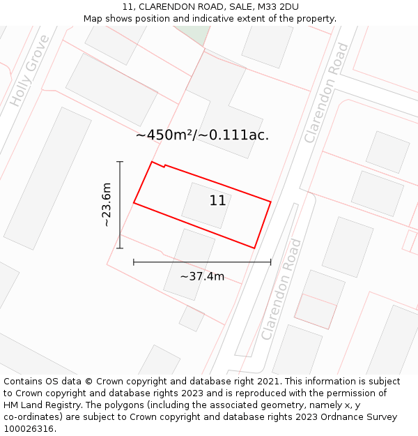 11, CLARENDON ROAD, SALE, M33 2DU: Plot and title map