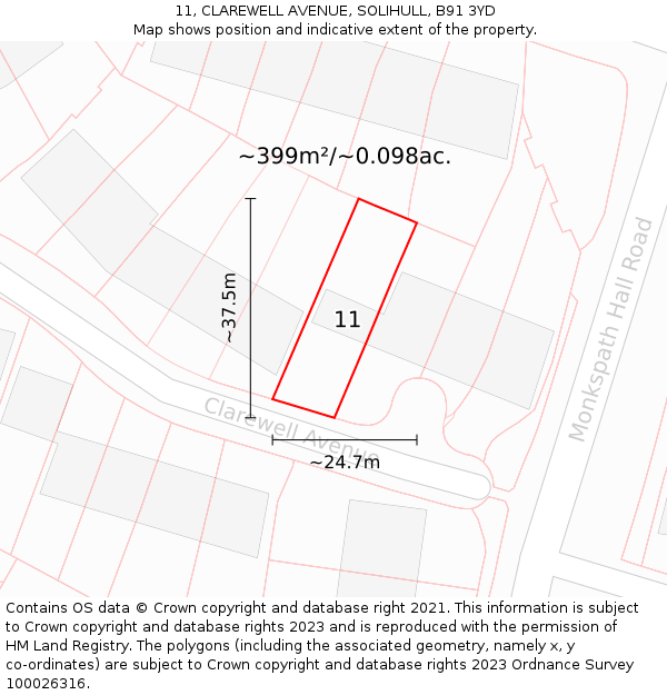 11, CLAREWELL AVENUE, SOLIHULL, B91 3YD: Plot and title map