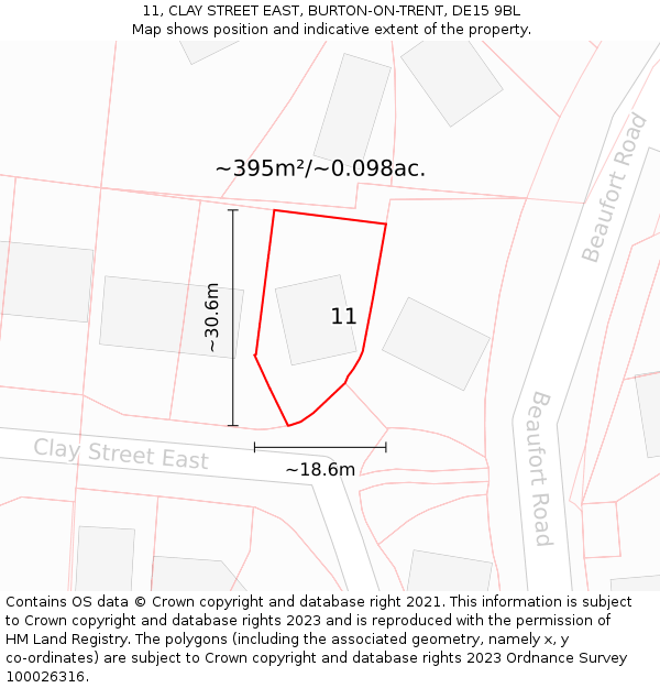 11, CLAY STREET EAST, BURTON-ON-TRENT, DE15 9BL: Plot and title map