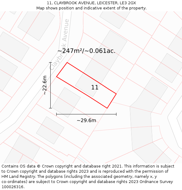 11, CLAYBROOK AVENUE, LEICESTER, LE3 2GX: Plot and title map