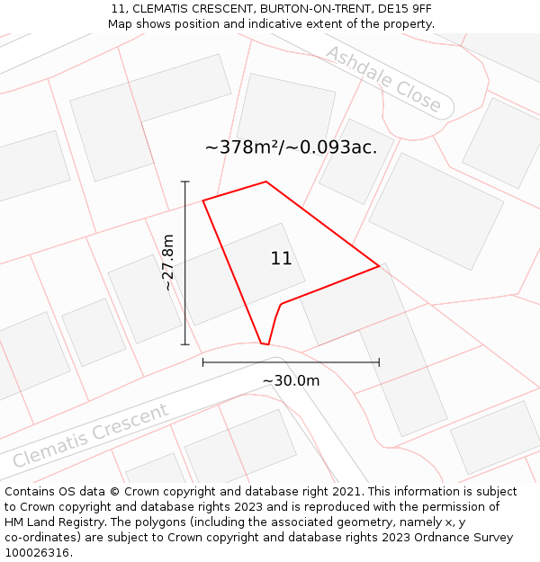 11, CLEMATIS CRESCENT, BURTON-ON-TRENT, DE15 9FF: Plot and title map