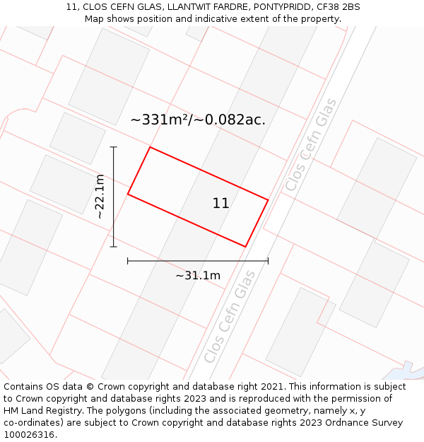 11, CLOS CEFN GLAS, LLANTWIT FARDRE, PONTYPRIDD, CF38 2BS: Plot and title map