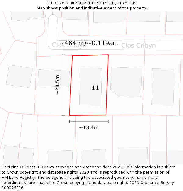 11, CLOS CRIBYN, MERTHYR TYDFIL, CF48 1NS: Plot and title map