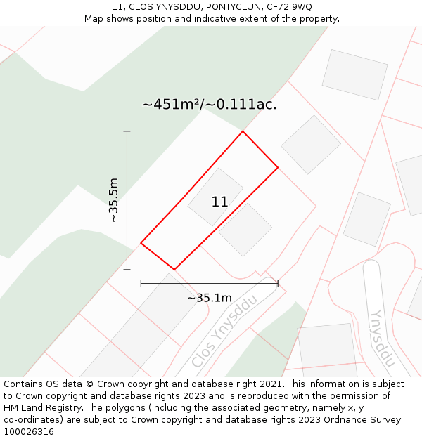 11, CLOS YNYSDDU, PONTYCLUN, CF72 9WQ: Plot and title map