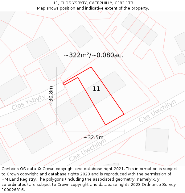 11, CLOS YSBYTY, CAERPHILLY, CF83 1TB: Plot and title map