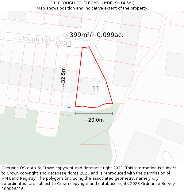 11, CLOUGH FOLD ROAD, HYDE, SK14 5AQ: Plot and title map