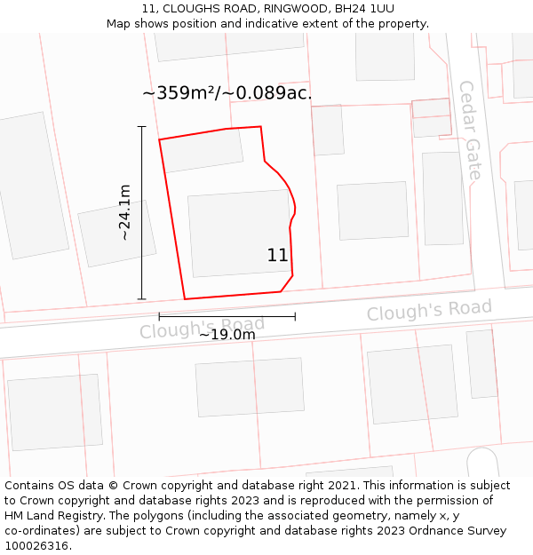 11, CLOUGHS ROAD, RINGWOOD, BH24 1UU: Plot and title map