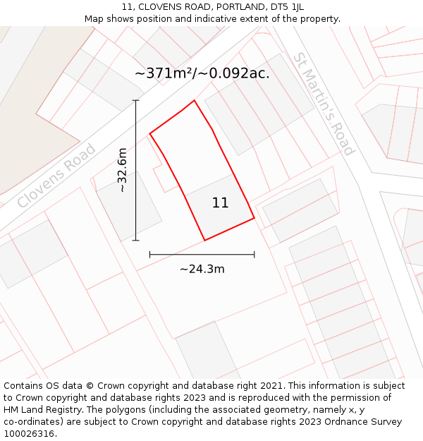 11, CLOVENS ROAD, PORTLAND, DT5 1JL: Plot and title map