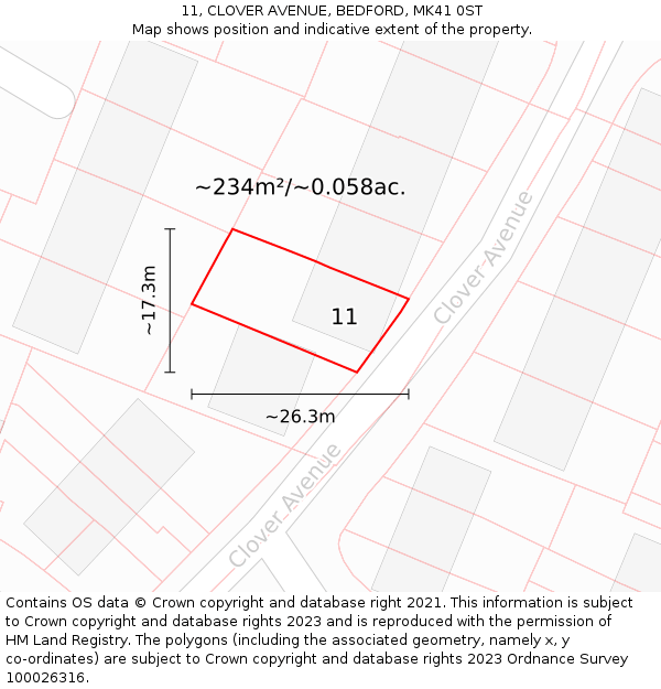 11, CLOVER AVENUE, BEDFORD, MK41 0ST: Plot and title map