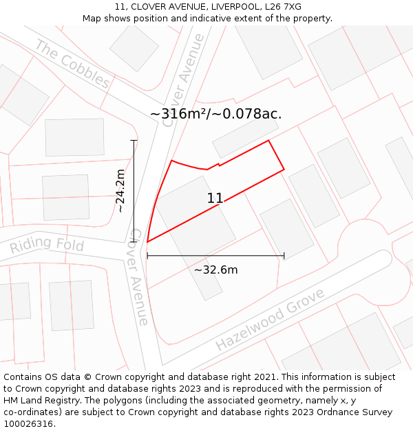 11, CLOVER AVENUE, LIVERPOOL, L26 7XG: Plot and title map