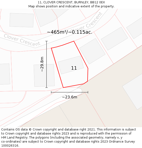 11, CLOVER CRESCENT, BURNLEY, BB12 0EX: Plot and title map