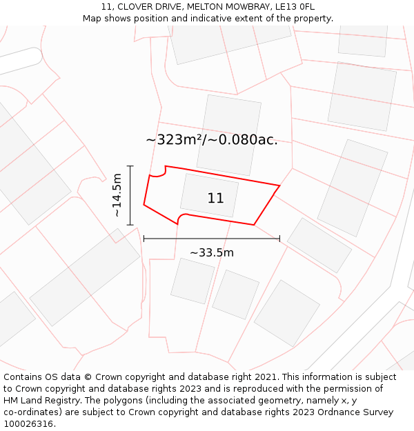 11, CLOVER DRIVE, MELTON MOWBRAY, LE13 0FL: Plot and title map