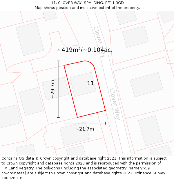 11, CLOVER WAY, SPALDING, PE11 3GD: Plot and title map