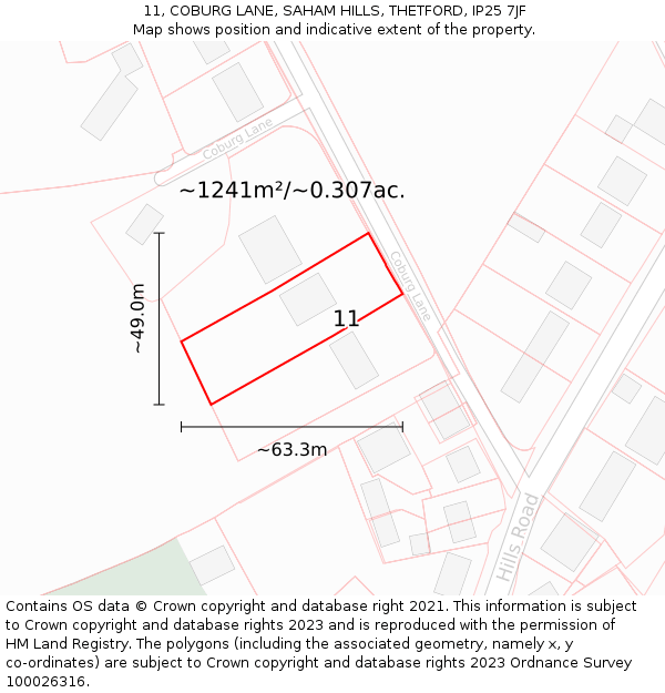 11, COBURG LANE, SAHAM HILLS, THETFORD, IP25 7JF: Plot and title map