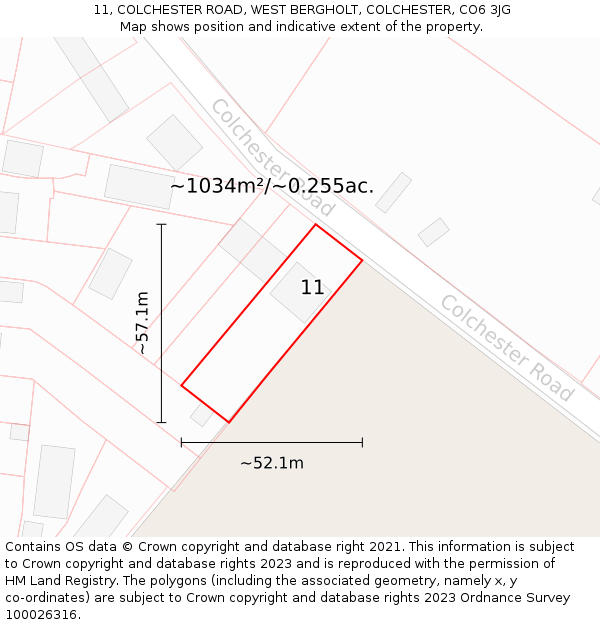 11, COLCHESTER ROAD, WEST BERGHOLT, COLCHESTER, CO6 3JG: Plot and title map