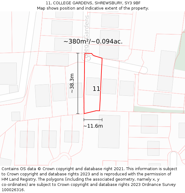 11, COLLEGE GARDENS, SHREWSBURY, SY3 9BF: Plot and title map