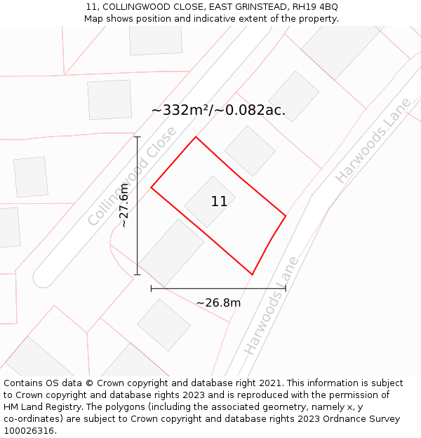 11, COLLINGWOOD CLOSE, EAST GRINSTEAD, RH19 4BQ: Plot and title map