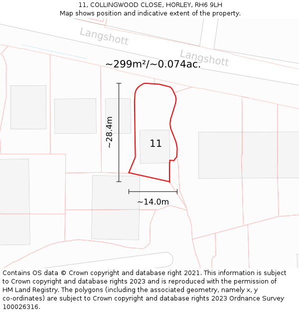 11, COLLINGWOOD CLOSE, HORLEY, RH6 9LH: Plot and title map