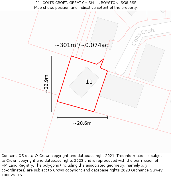 11, COLTS CROFT, GREAT CHISHILL, ROYSTON, SG8 8SF: Plot and title map