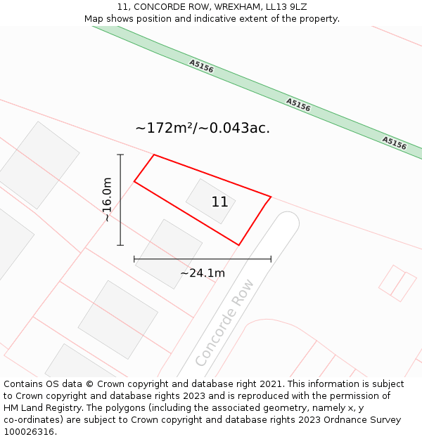 11, CONCORDE ROW, WREXHAM, LL13 9LZ: Plot and title map