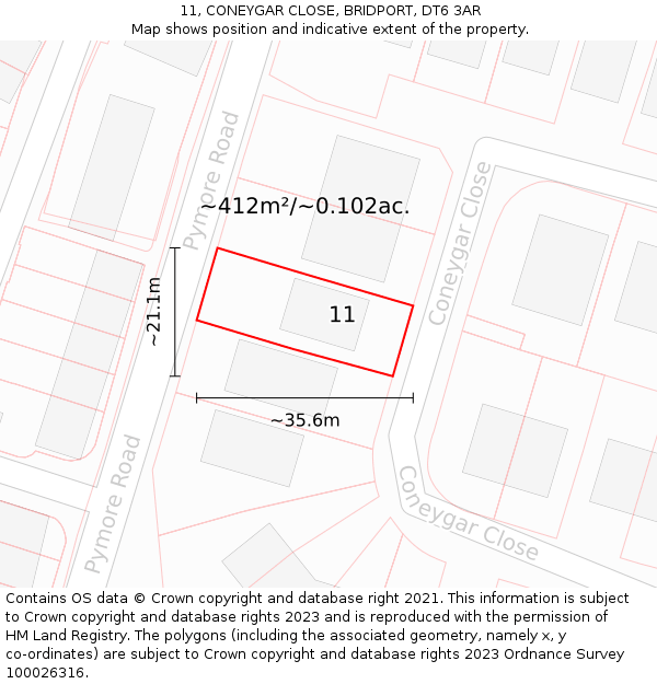 11, CONEYGAR CLOSE, BRIDPORT, DT6 3AR: Plot and title map