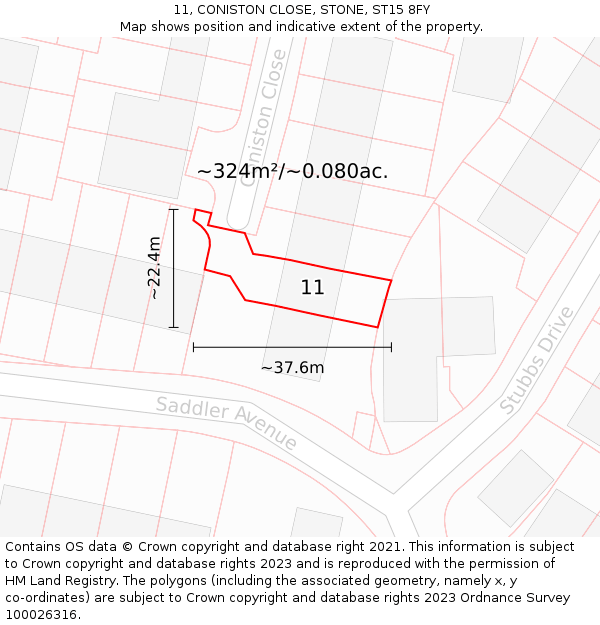 11, CONISTON CLOSE, STONE, ST15 8FY: Plot and title map