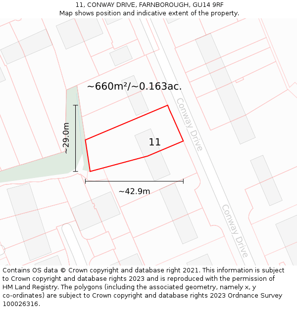 11, CONWAY DRIVE, FARNBOROUGH, GU14 9RF: Plot and title map