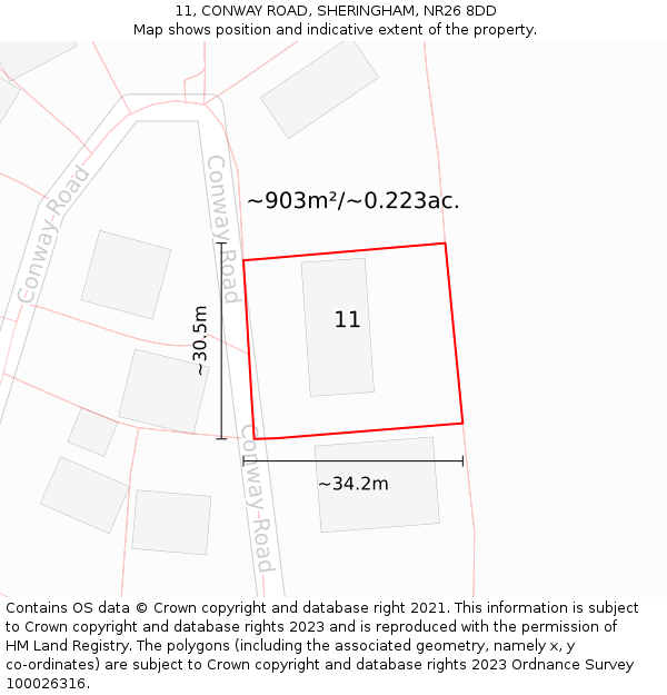 11, CONWAY ROAD, SHERINGHAM, NR26 8DD: Plot and title map