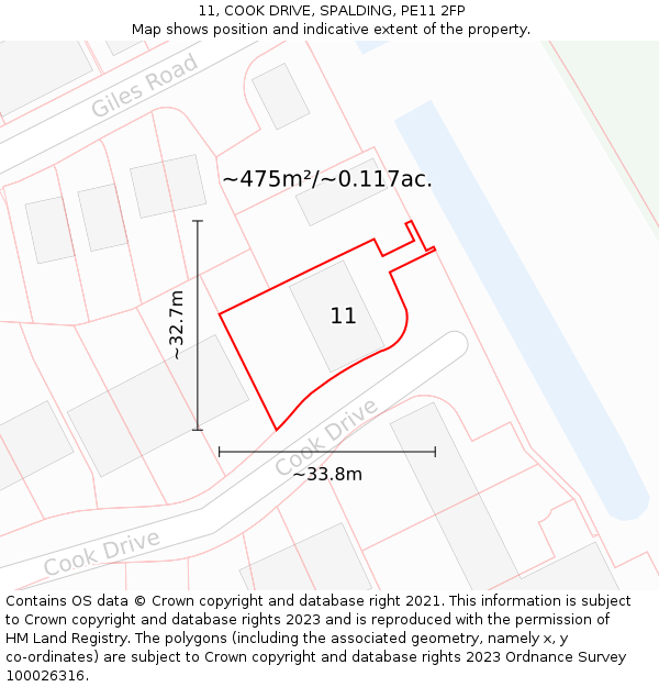 11, COOK DRIVE, SPALDING, PE11 2FP: Plot and title map