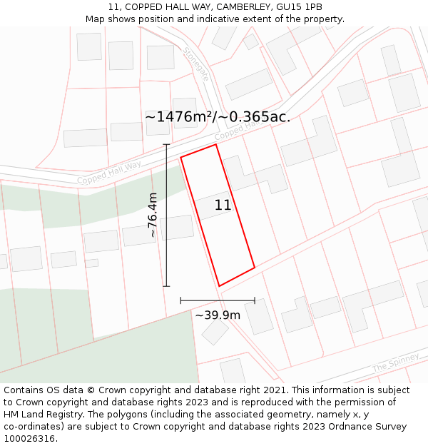 11, COPPED HALL WAY, CAMBERLEY, GU15 1PB: Plot and title map