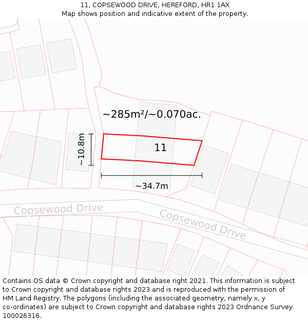 11, COPSEWOOD DRIVE, HEREFORD, HR1 1AX: Plot and title map