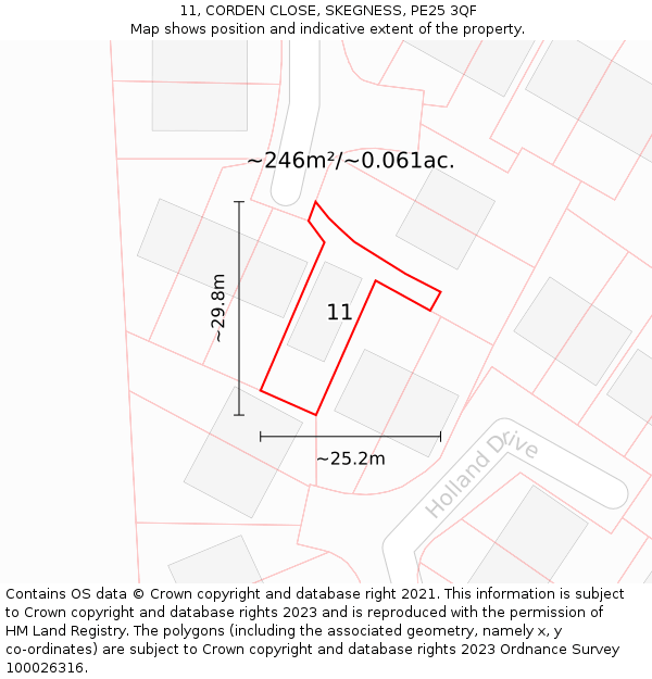 11, CORDEN CLOSE, SKEGNESS, PE25 3QF: Plot and title map