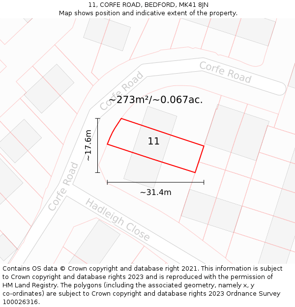 11, CORFE ROAD, BEDFORD, MK41 8JN: Plot and title map