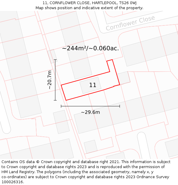 11, CORNFLOWER CLOSE, HARTLEPOOL, TS26 0WJ: Plot and title map