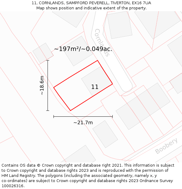 11, CORNLANDS, SAMPFORD PEVERELL, TIVERTON, EX16 7UA: Plot and title map