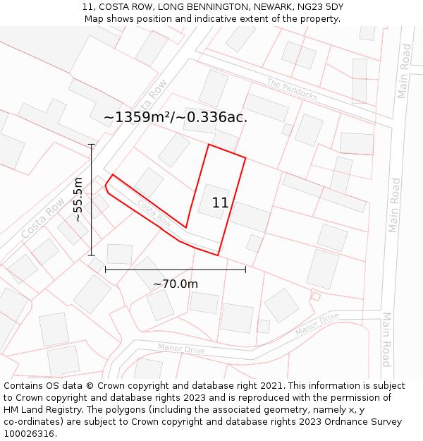 11, COSTA ROW, LONG BENNINGTON, NEWARK, NG23 5DY: Plot and title map