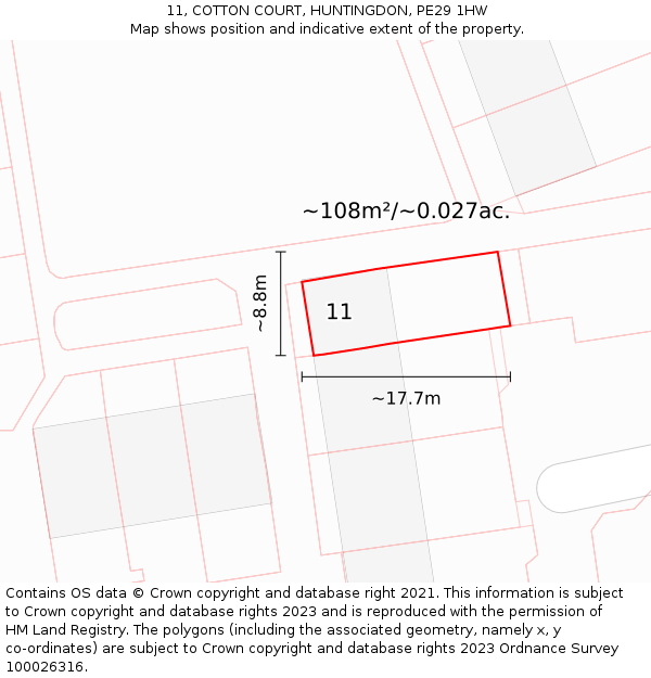 11, COTTON COURT, HUNTINGDON, PE29 1HW: Plot and title map