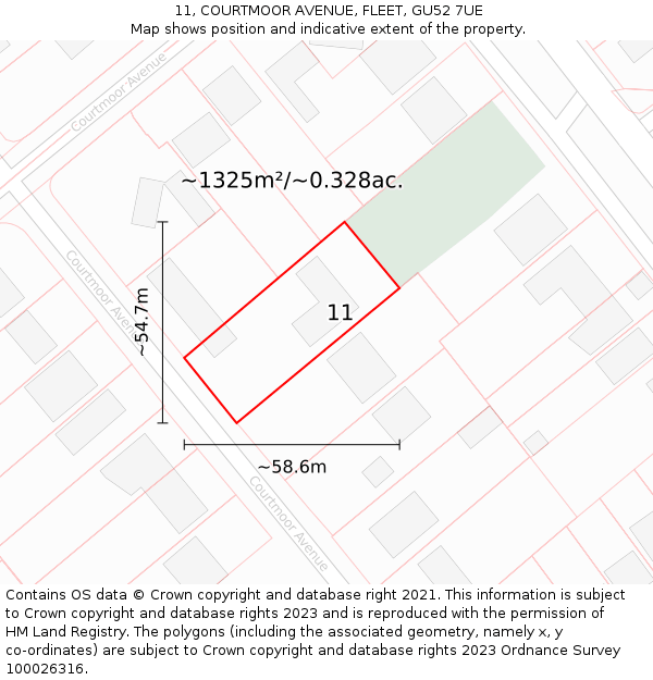 11, COURTMOOR AVENUE, FLEET, GU52 7UE: Plot and title map