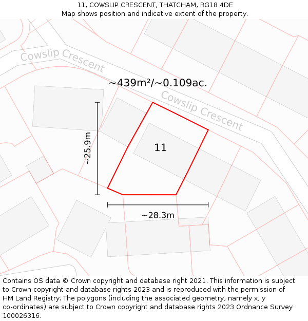 11, COWSLIP CRESCENT, THATCHAM, RG18 4DE: Plot and title map