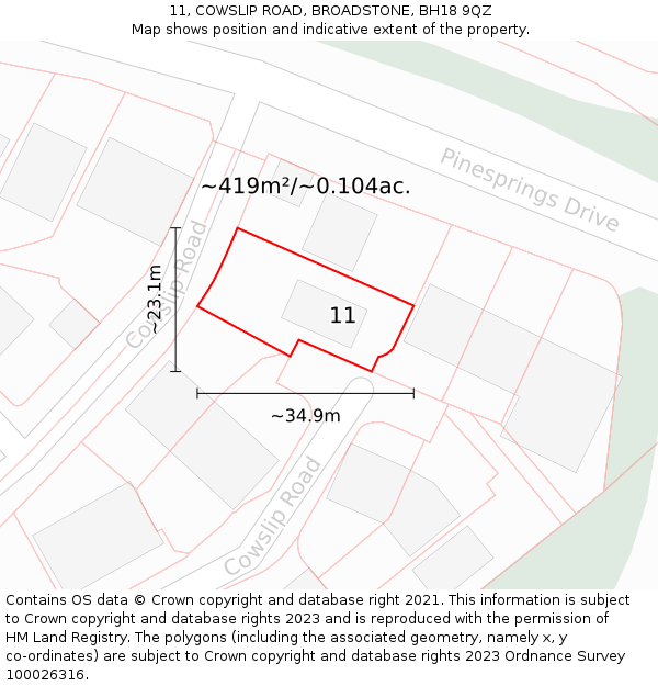 11, COWSLIP ROAD, BROADSTONE, BH18 9QZ: Plot and title map